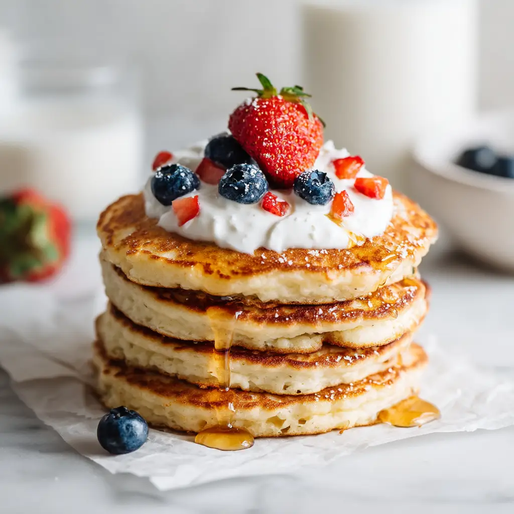 A side view of gluten-free coconut flour pancakes being drizzled with maple syrup, with fresh blueberries scattered around the plate.