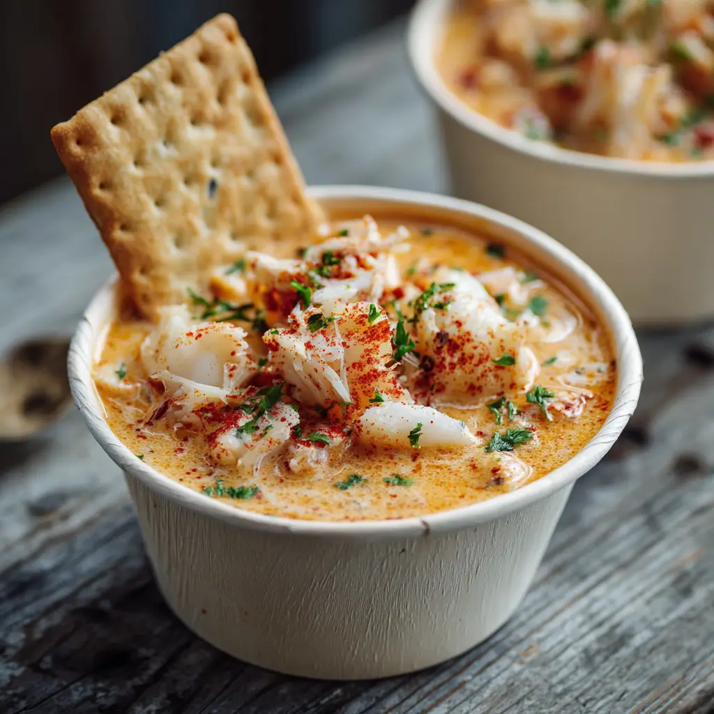 A bowl of homemade crab stew being served, with a piece of crusty bread for dipping into the savory soup.