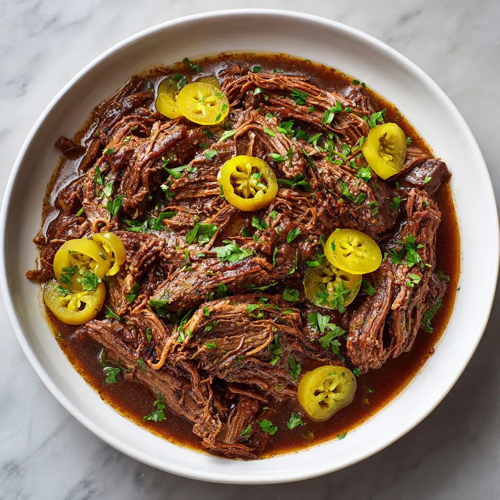Mississippi pot roast being served over creamy mashed potatoes, showcasing the perfect comfort food meal with its savory pepperoncini gravy.