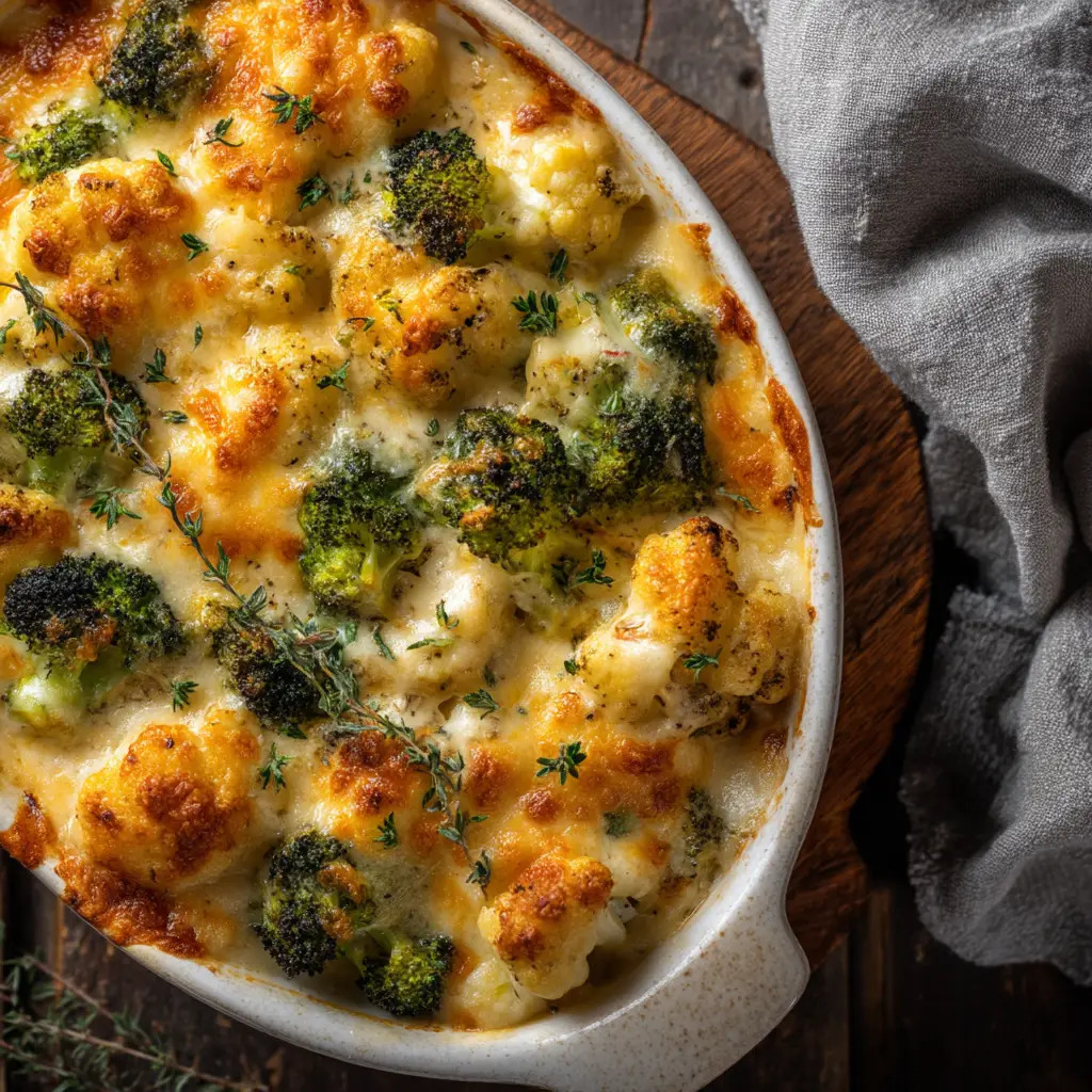 A spoonful of the winter vegetable casserole being lifted from a baking dish, showing off the creamy texture and tender vegetables inside.