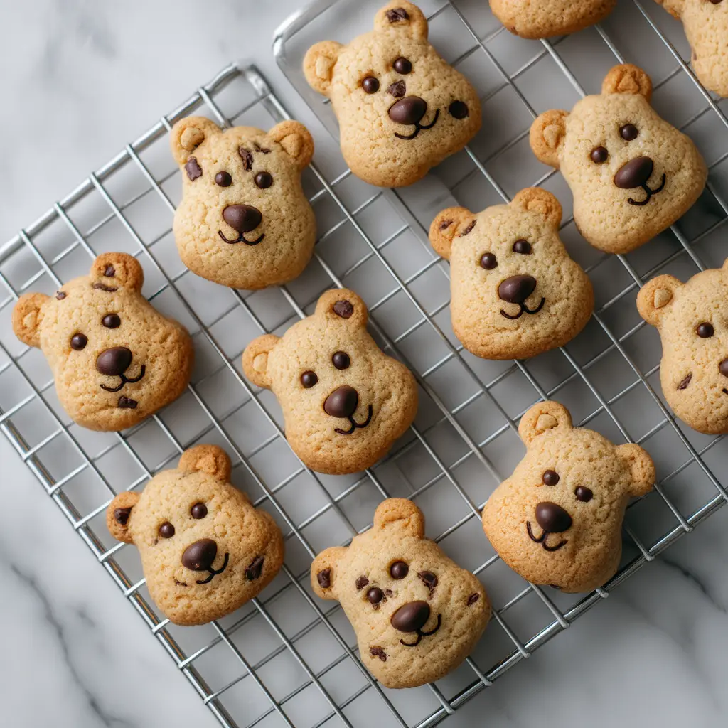 A process shot showing the uncooked chocolate chip bear cookies assembled on a parchment-lined baking sheet, ready for the oven.
