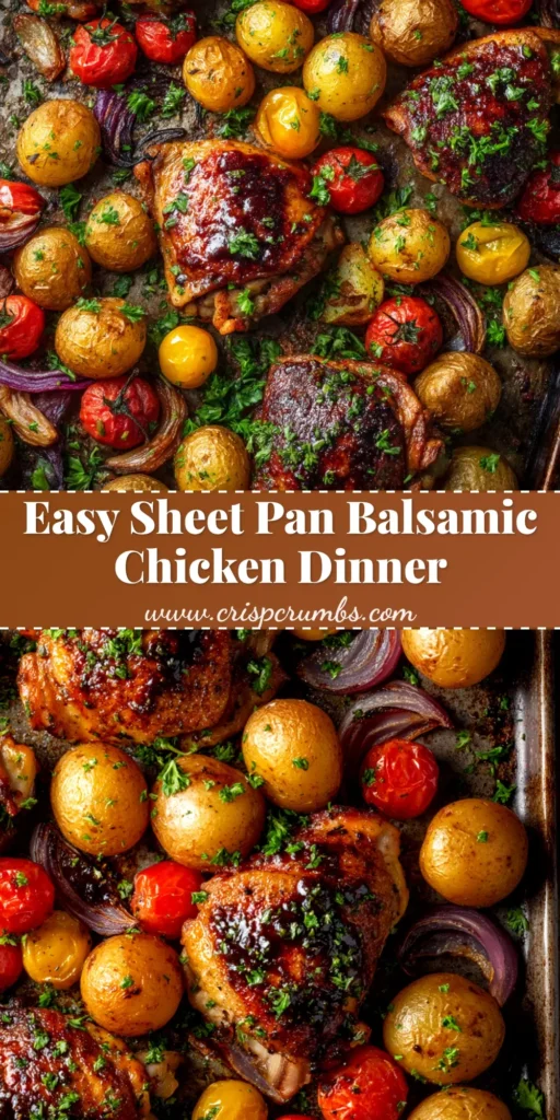 A top-down view of a delicious Sheet Pan Balsamic Chicken with roasted broccoli, red onions, and bell peppers, showcasing a rich glaze.