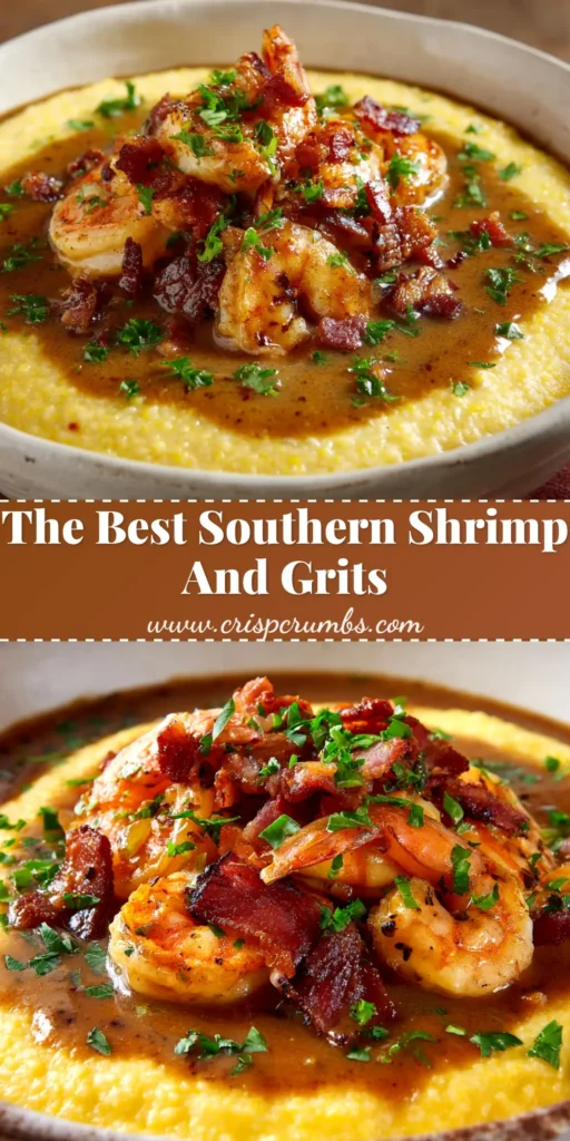A close-up overhead shot of a white bowl filled with a creamy shrimp and grits recipe, garnished with fresh herbs. The perfect southern comfort food.