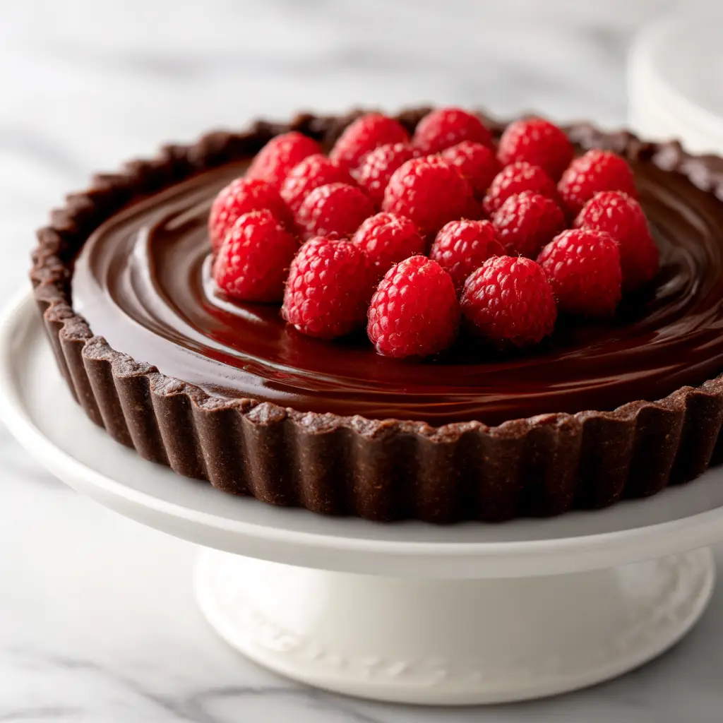 A perfect slice of chocolate raspberry tart on a white plate, showing the distinct layers of crisp crust, fresh raspberries, and smooth ganache.
