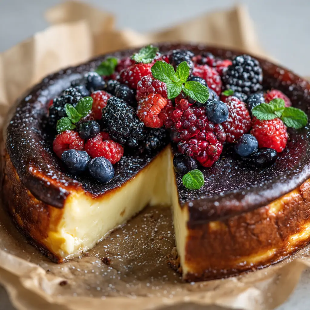 A perfect slice of Citrus Berry Burnt Cheesecake on a white plate, revealing its creamy, light interior contrasted with the dark crust.