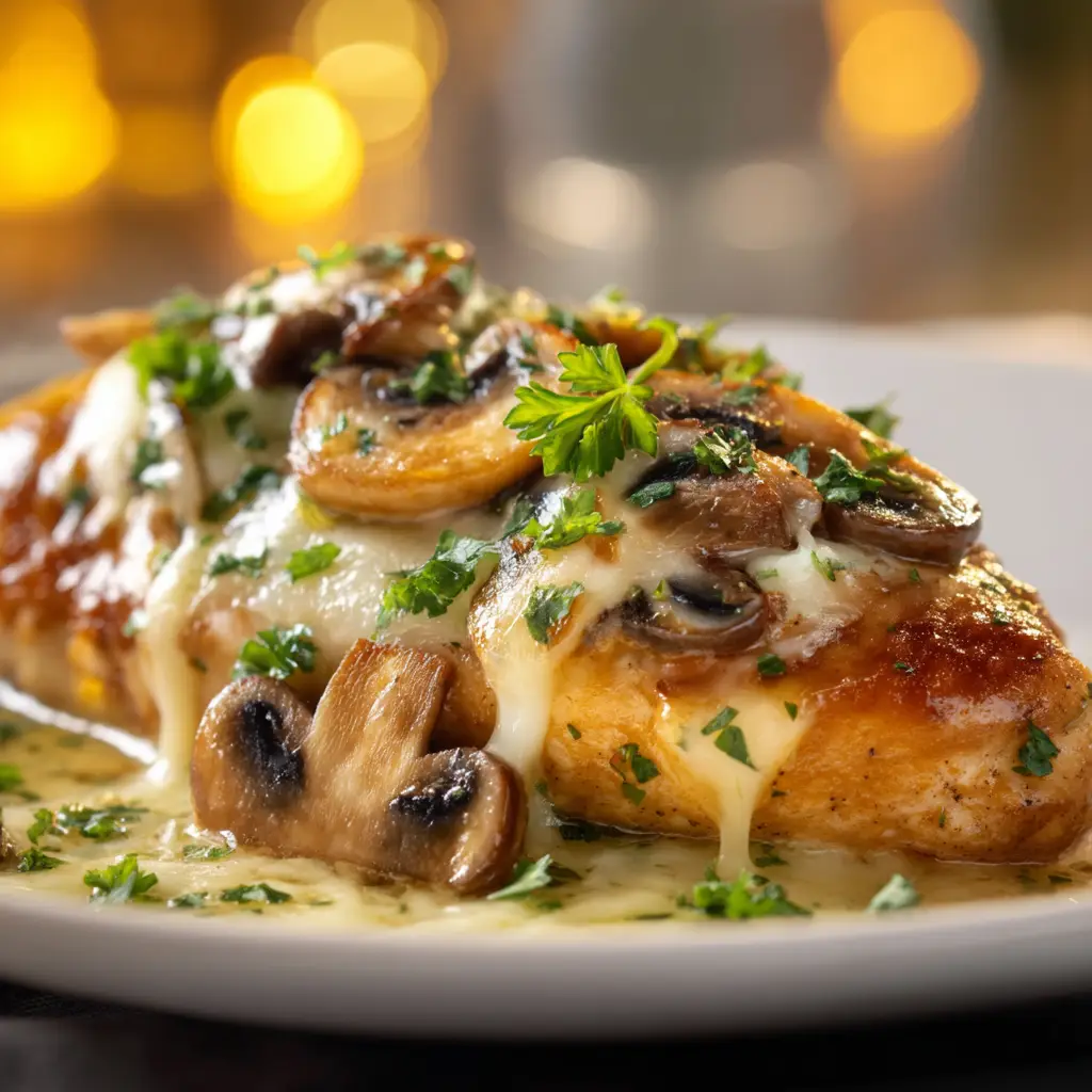 A sliced view of the Gouda & Mushroom Stuffed Chicken, revealing the melted cheese and savory mushroom filling inside.