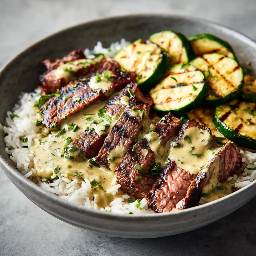 A shot focusing on the perfectly sliced grilled steak arranged in a bowl with rice and other fresh components.