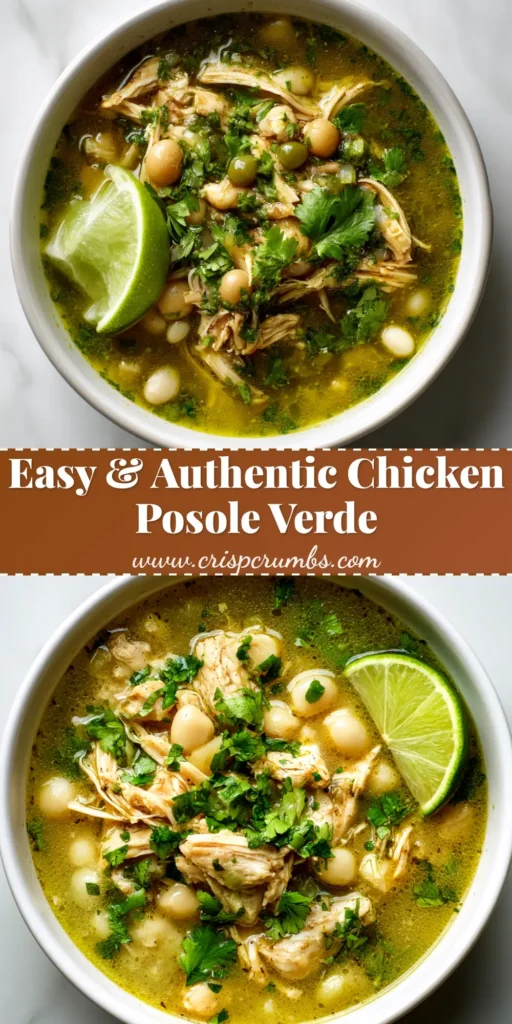 A vibrant bowl of Slow Cooker Chicken Posole Verde, topped with fresh radishes, cilantro, and avocado. The perfect easy and flavorful weeknight dinner.
