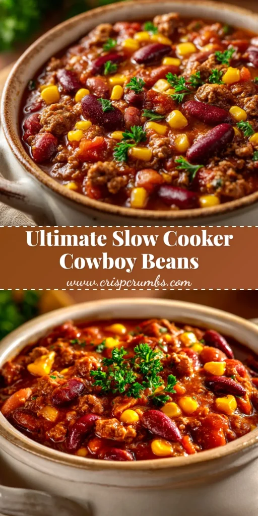 A delicious bowl of Slow Cooker Cowboy Beans, loaded with ground beef and bacon, ready to be served. The perfect hearty and easy Crock-Pot recipe.