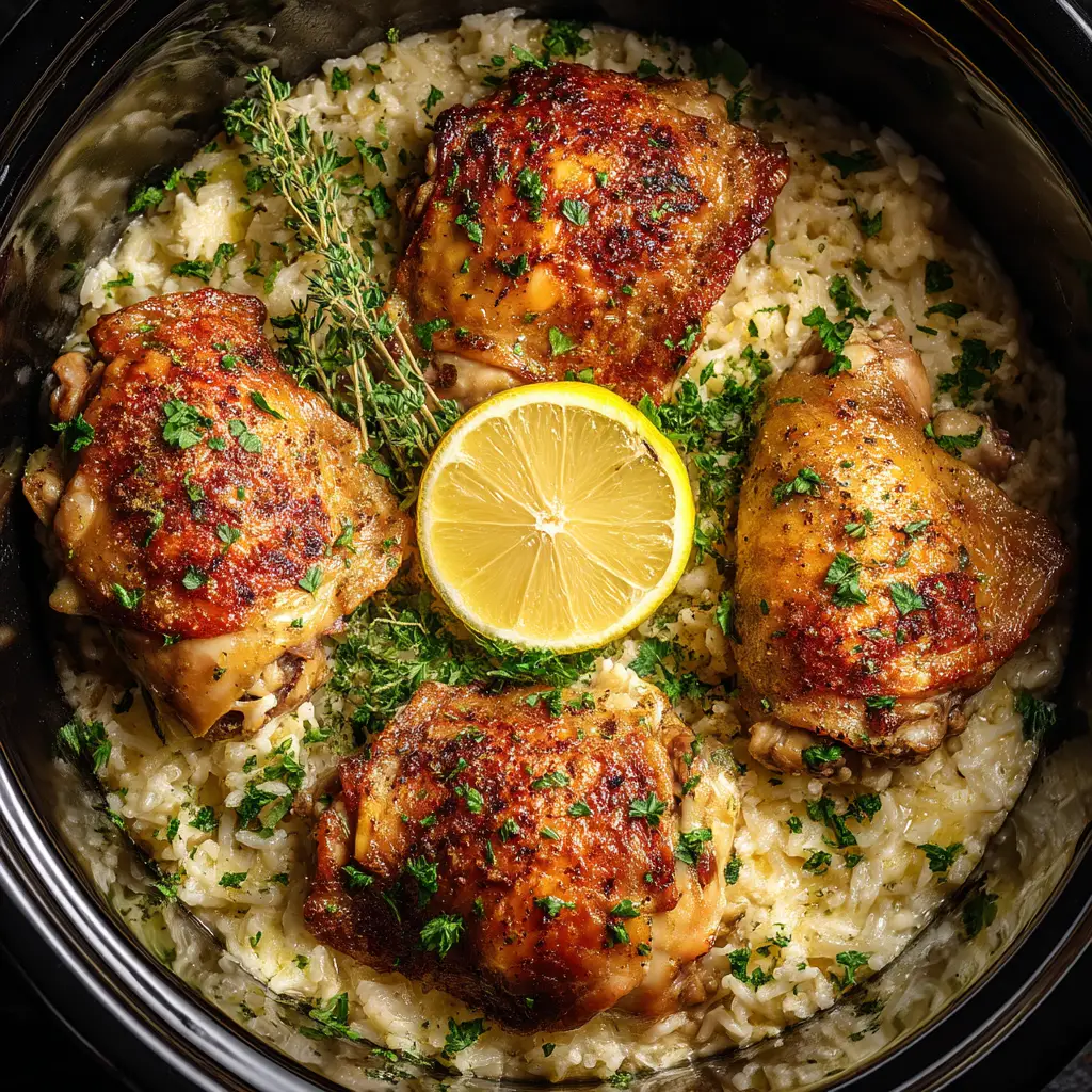 A serving of tender slow cooker lemon garlic chicken on a plate next to roasted potatoes and fresh greens.