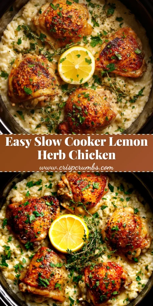 A beautiful platter of Slow Cooker Lemon Herb Chicken, garnished with fresh lemon slices and rosemary sprigs. The chicken is golden brown and juicy.