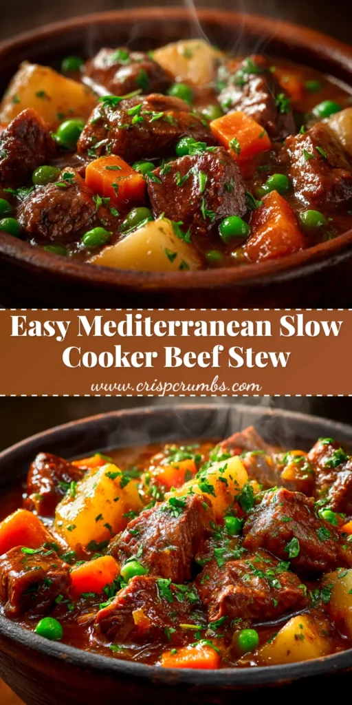 A vibrant and delicious Slow Cooker Mediterranean Beef Stew in a rustic bowl, garnished with feta and parsley. The perfect healthy and easy crockpot dinner recipe.