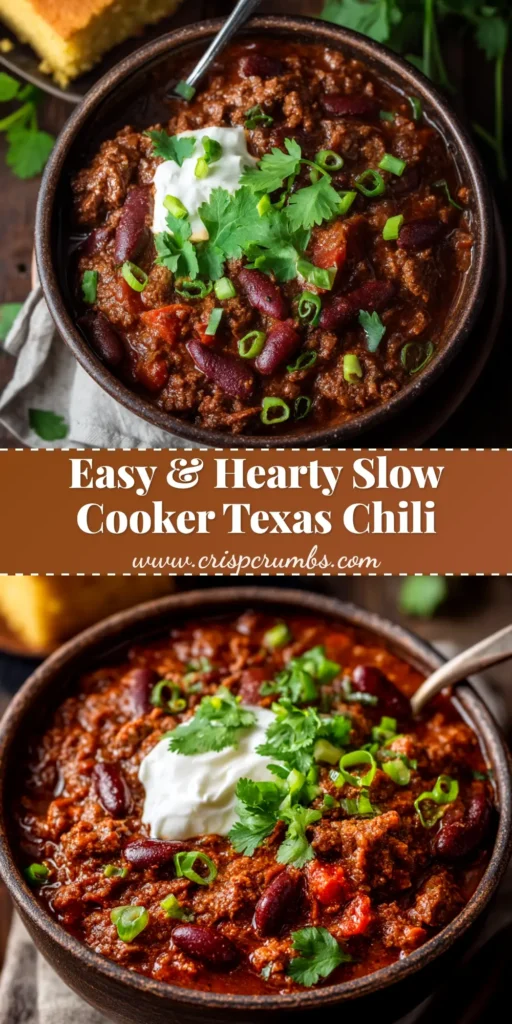 A large white pot filled with rich, red Slow Cooker Texas Style Chili, topped with cheese and cilantro. The words 'Slow Cooker Texas Style Chili' are written in bold text.