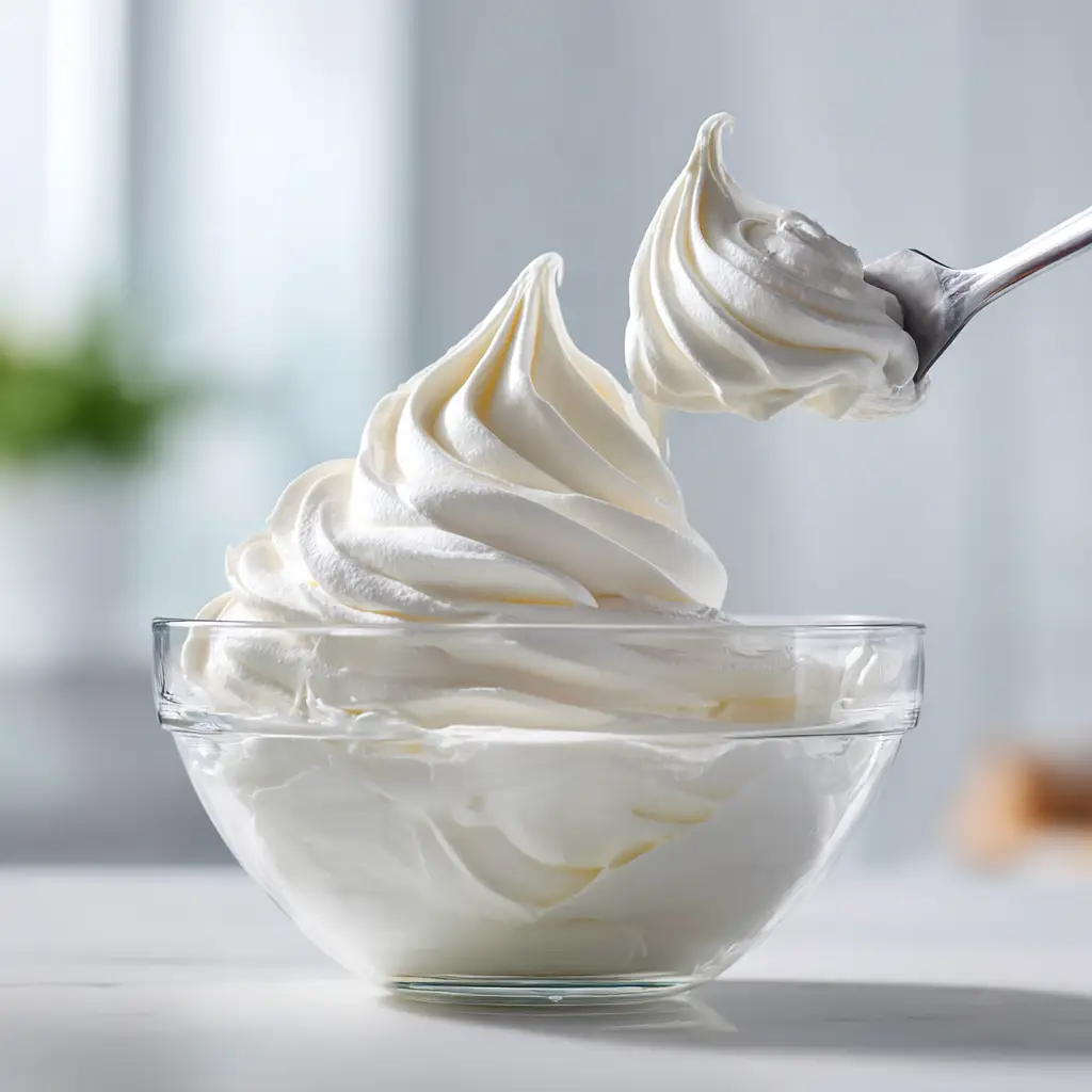 A spoonful of finished Swiss Meringue Buttercream, highlighting its smooth and creamy texture.