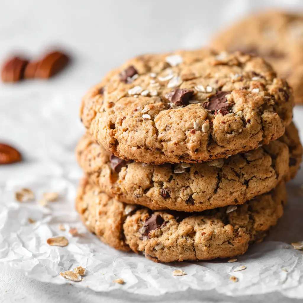 A gluten-free oatmeal cookie broken in half to reveal its incredibly chewy and soft interior, dotted with oats.