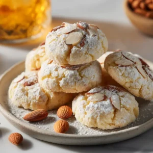 A stack of soft Italian ricotta cookies with almond glaze, showcasing their light and cakey texture.