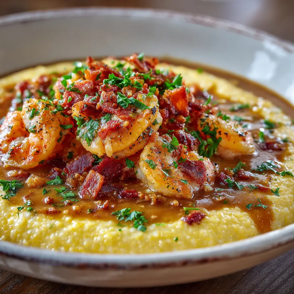 A rustic white bowl of the finished shrimp and grits recipe, ready to be served. The dish is garnished with fresh parsley, emphasizing its freshness.