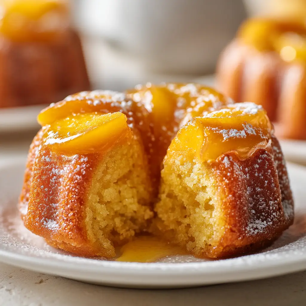 An overhead view of a mini peach bundt cake, highlighting the elegant shape of this southern peach cake.