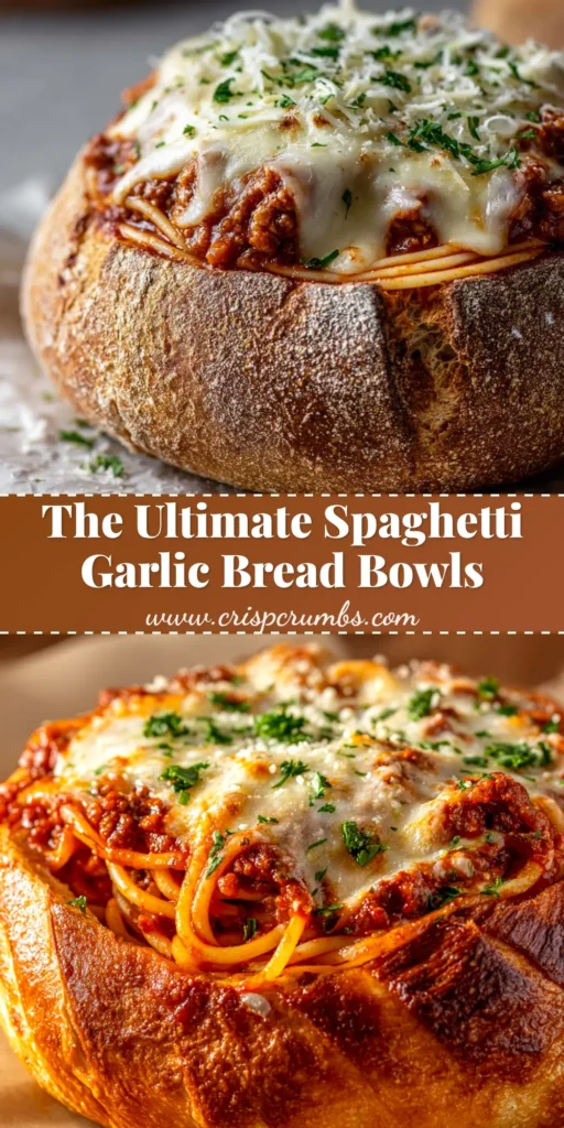 An overhead shot of four golden-brown Spaghetti Garlic Bread Bowls on a baking sheet, topped with melted mozzarella cheese and fresh parsley.