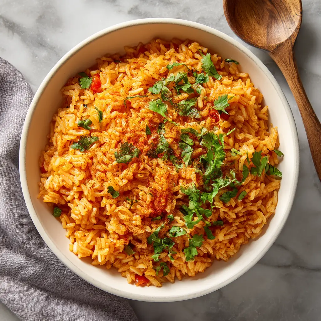 The ingredients for the Spanish rice recipe laid out, including long-grain rice, onion, garlic, and spices.