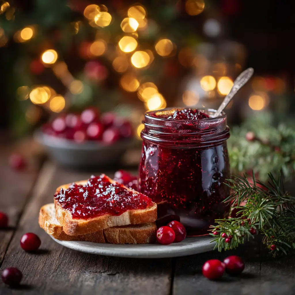 A spoonful of festive cranberry strawberry jam being lifted from a jar, ready to be spread.