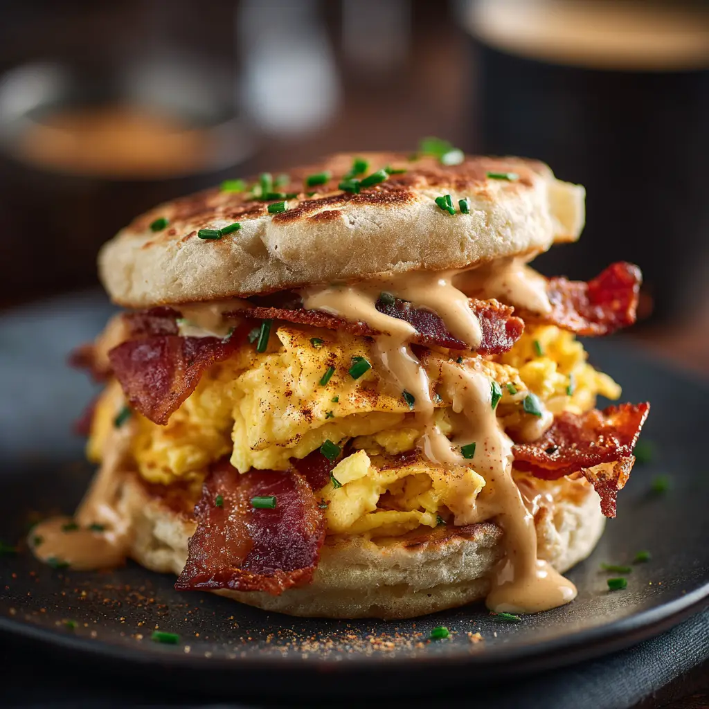 A high-action shot of a spicy breakfast sandwich being assembled, showing all the delicious layers before it's complete.