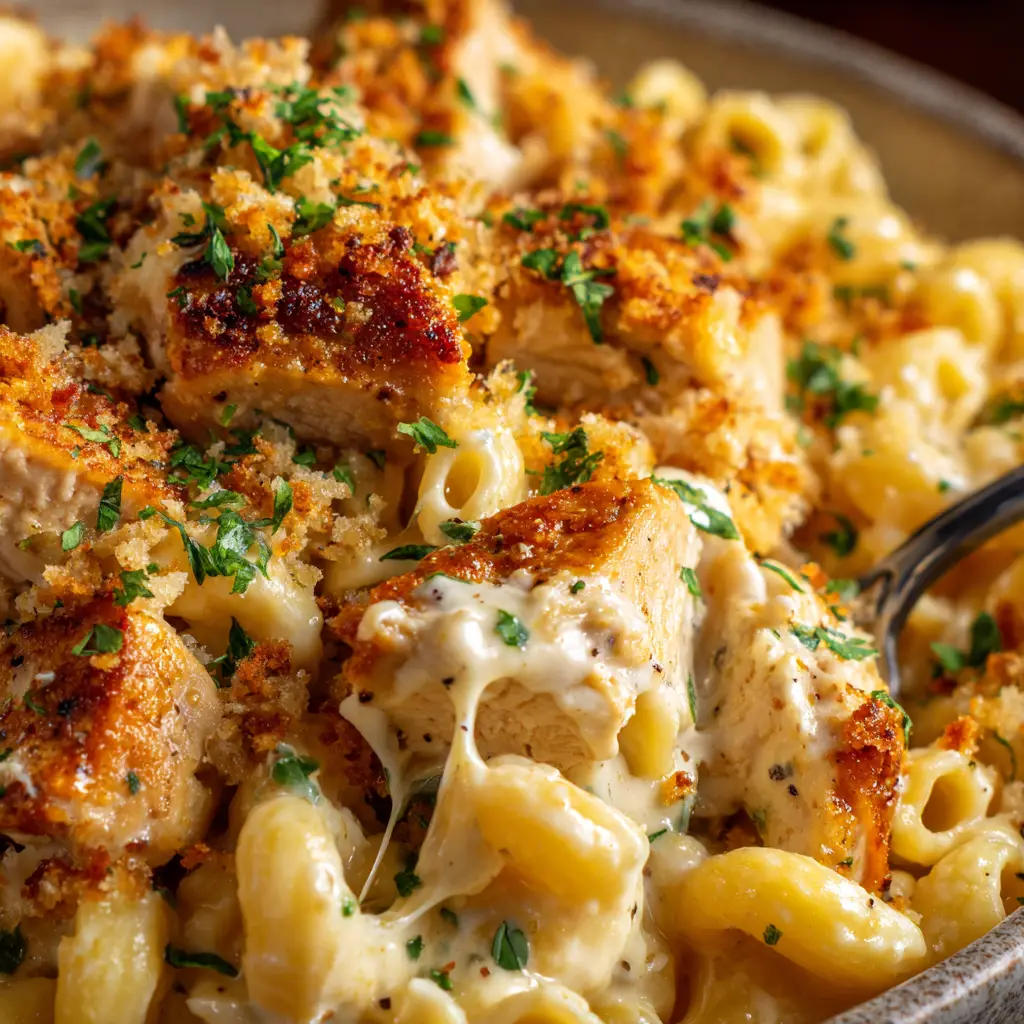 A fork lifting a mouthful of spicy chicken mac and cheese from a bowl, showcasing the cheesy pull and tender chicken.