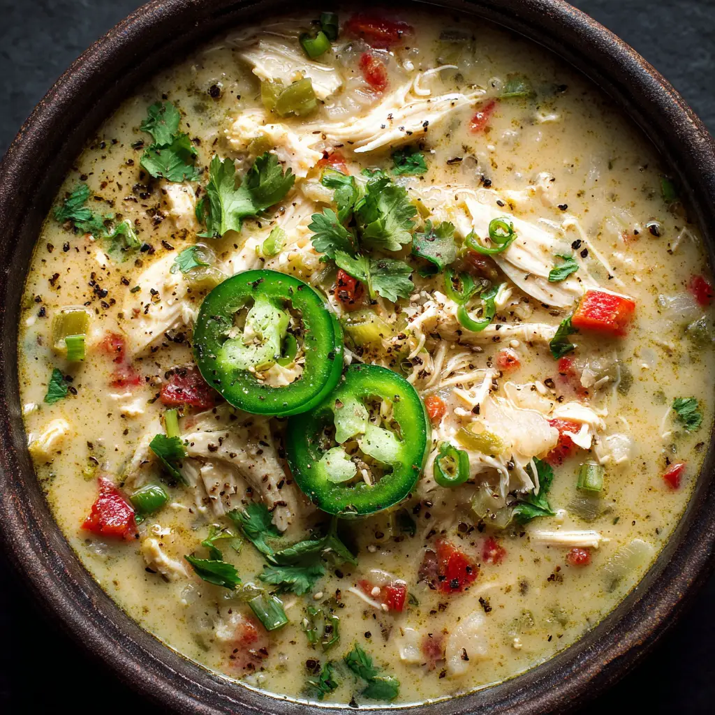 A spoon lifting a bite of spicy chicken soup from a bowl, showing the melted cheese and shredded chicken.