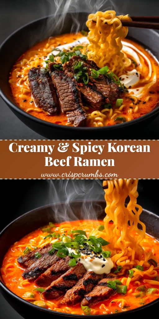 A delicious bowl of Spicy Korean Ramen with a soft-boiled egg, green onions, and sesame seeds, ready to be eaten.