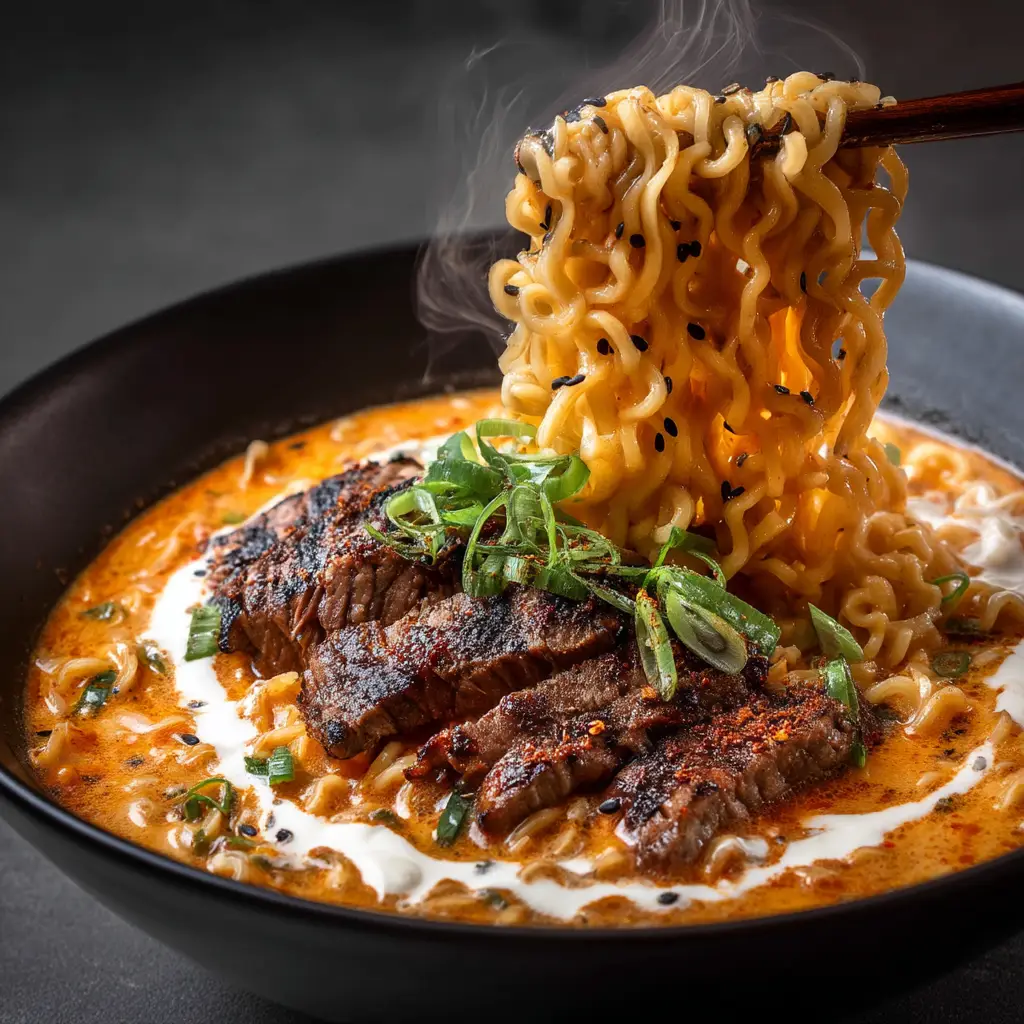 A finished bowl of Spicy Korean Ramen topped with a jammy soft-boiled egg, fresh green onions, and a sprinkle of sesame seeds.