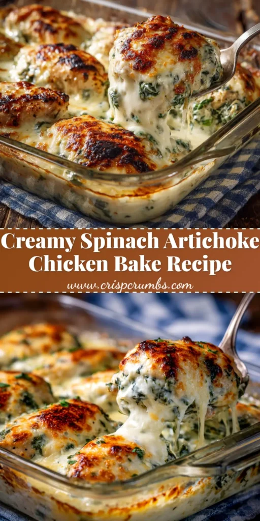 A delicious and creamy Spinach Artichoke Chicken Bake in a white baking dish, ready to be served. The top is golden brown and bubbly.