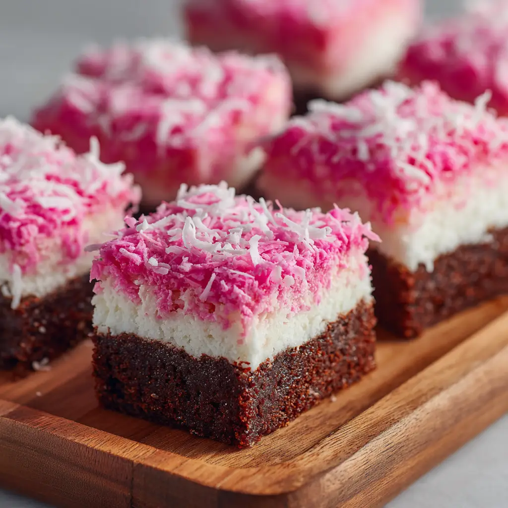 A stack of pink dessert bars covered in coconut, illustrating an easy party dessert that can be made ahead of time.