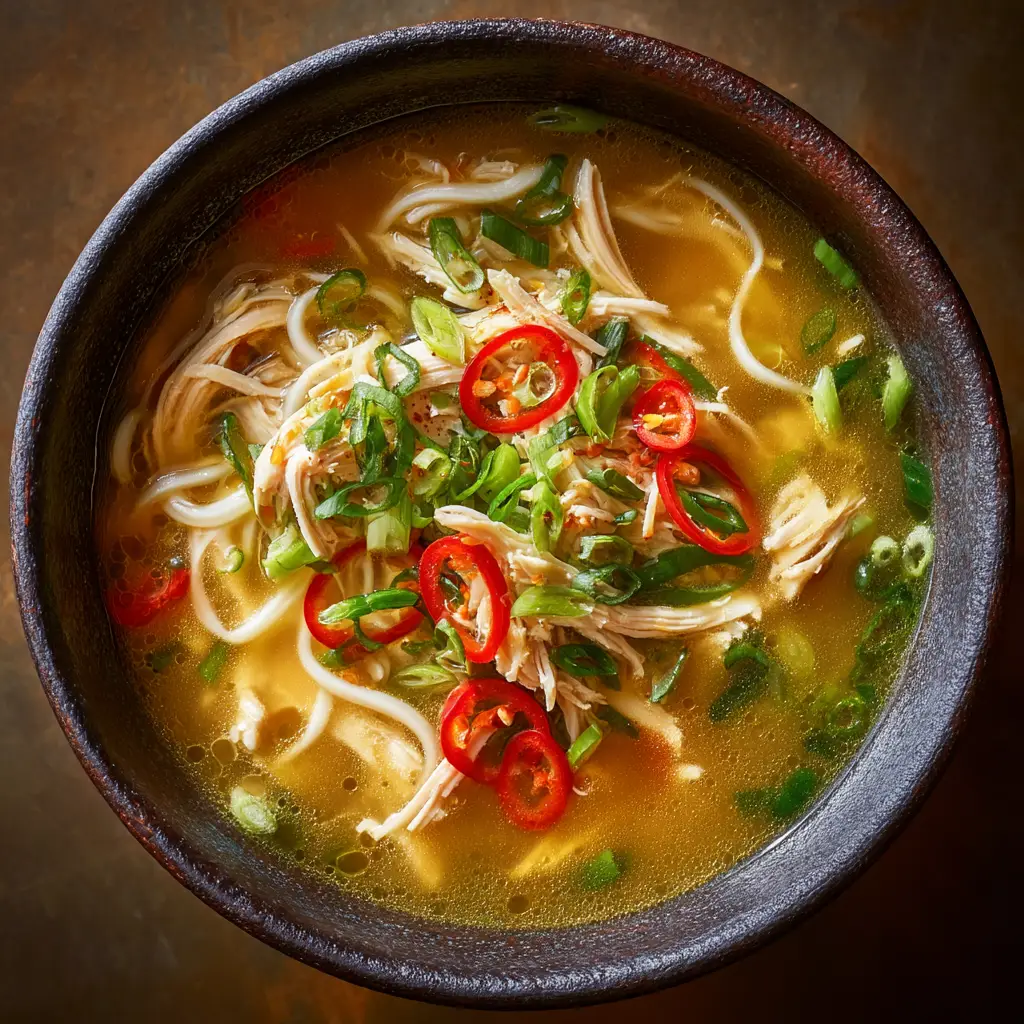 A second angle of the ginger garlic chicken noodle soup, with steam rising from the bowl and fresh parsley garnish visible.