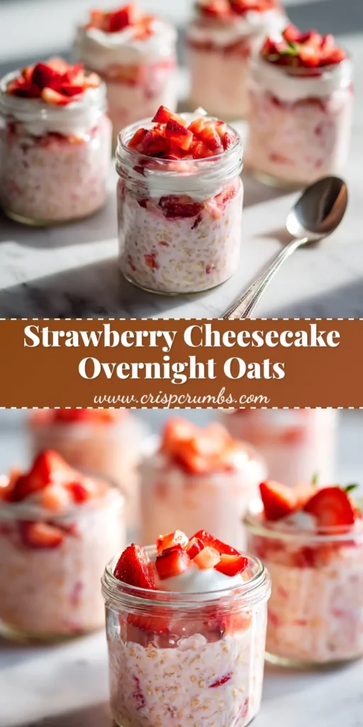 A glass jar of strawberry cheesecake overnight oats topped with fresh strawberries and graham cracker crumbs, with a spoon resting beside it.