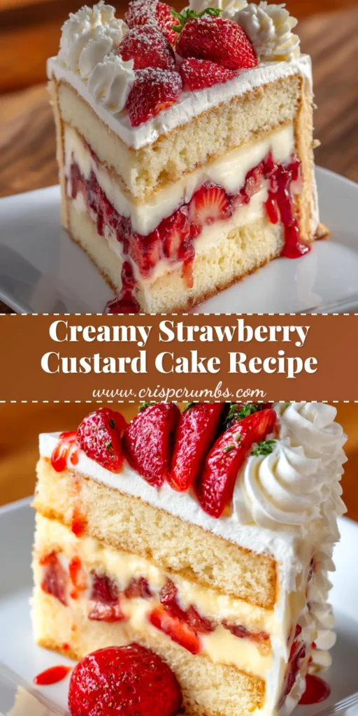 A beautiful overhead shot of a whole Strawberry Custard Cake, topped with glistening fresh strawberry slices on a white cake stand.