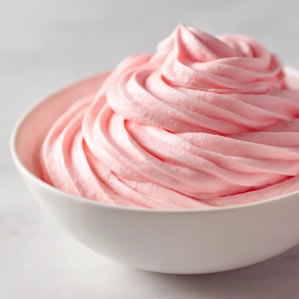 A spatula lifting a perfect swirl of pink strawberry frosting with marshmallow fluff from a mixing bowl.