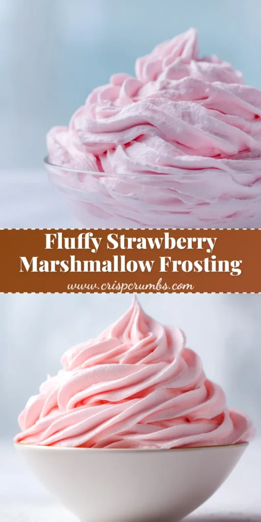 A tall, beautiful pin image showing fluffy pink strawberry marshmallow frosting swirled on a cupcake, with text overlay for the recipe title.