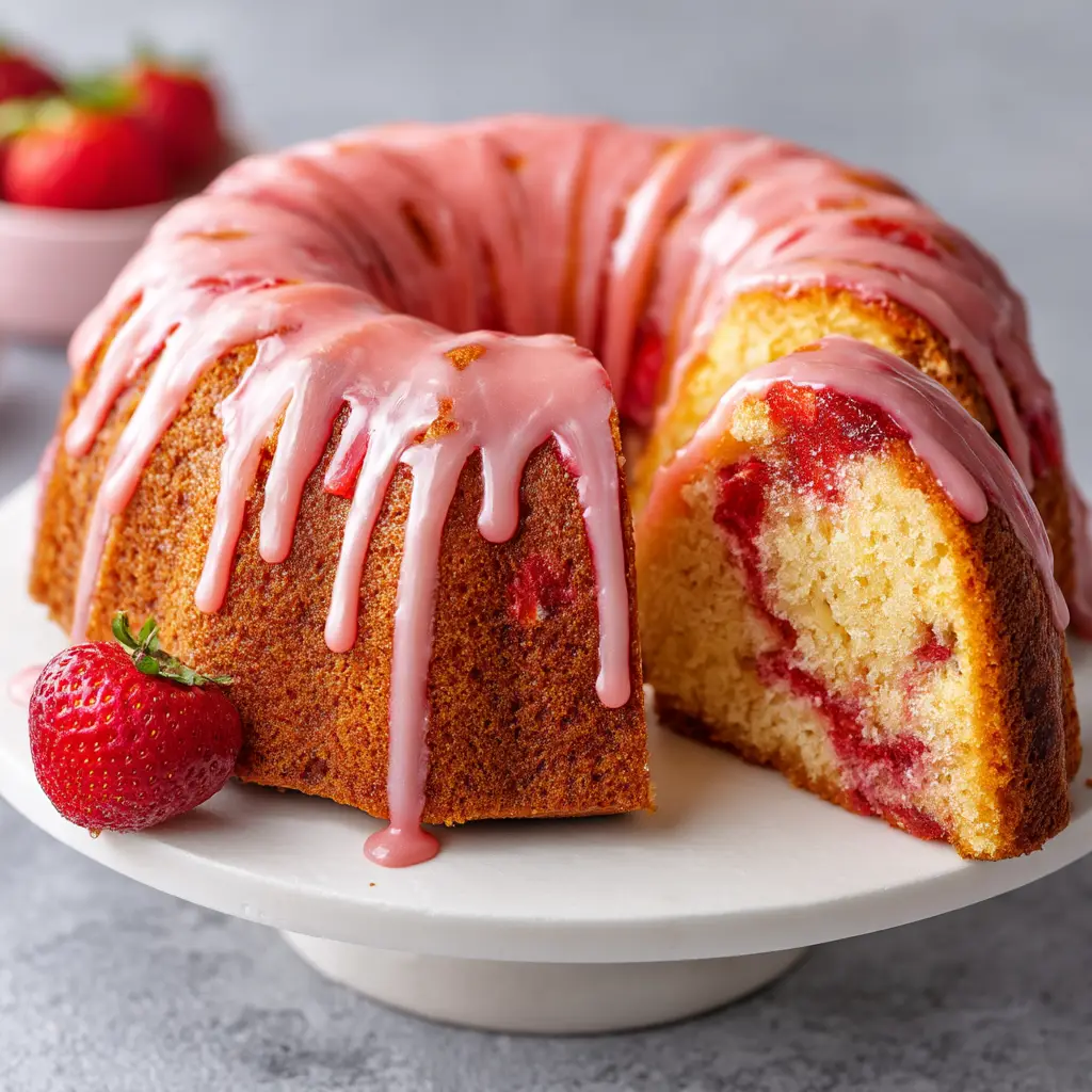The ingredients for strawberry pound cake, including flour, sugar, butter, eggs, and fresh strawberries, arranged neatly on a wooden surface.