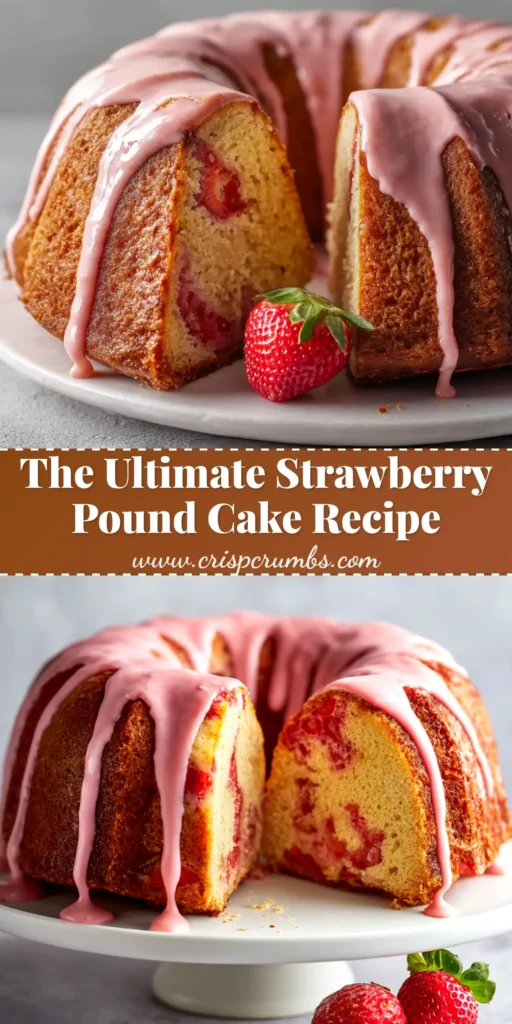 An overhead shot of a beautiful Strawberry Pound Cake on a serving platter, drizzled with a pink strawberry glaze and surrounded by fresh strawberries.