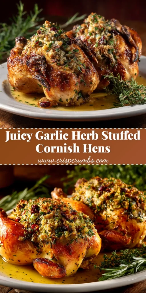 An elegant Stuffed Cornish Game Hens recipe with a savory cranberry-pecan wild rice stuffing. The perfect main course for a holiday dinner or special occasion.
