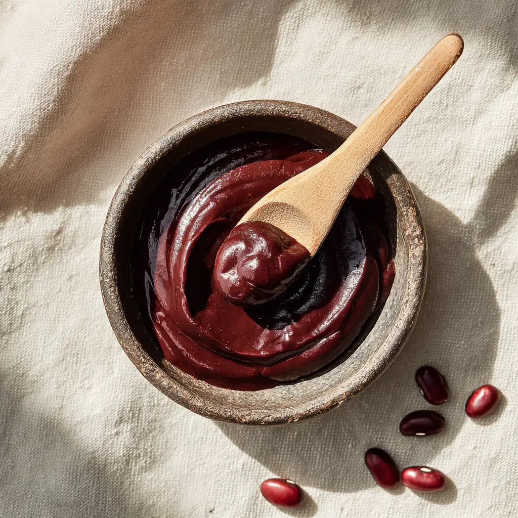 A flat lay image showing a bowl of sweet adzuki bean paste next to a spoon, on a dark, rustic surface.