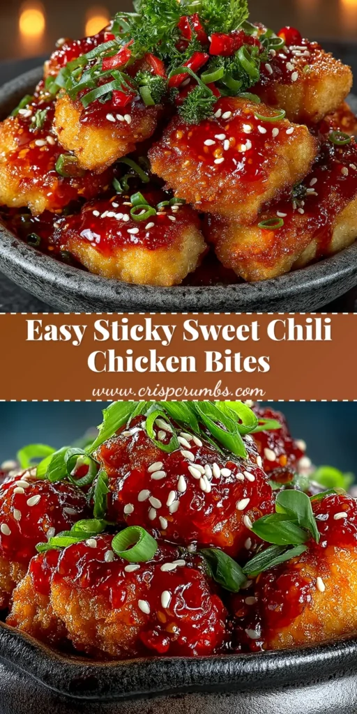 A heaping bowl of crispy baked sweet chili chicken bites, garnished with sesame seeds and fresh green onions. Perfect for sharing.