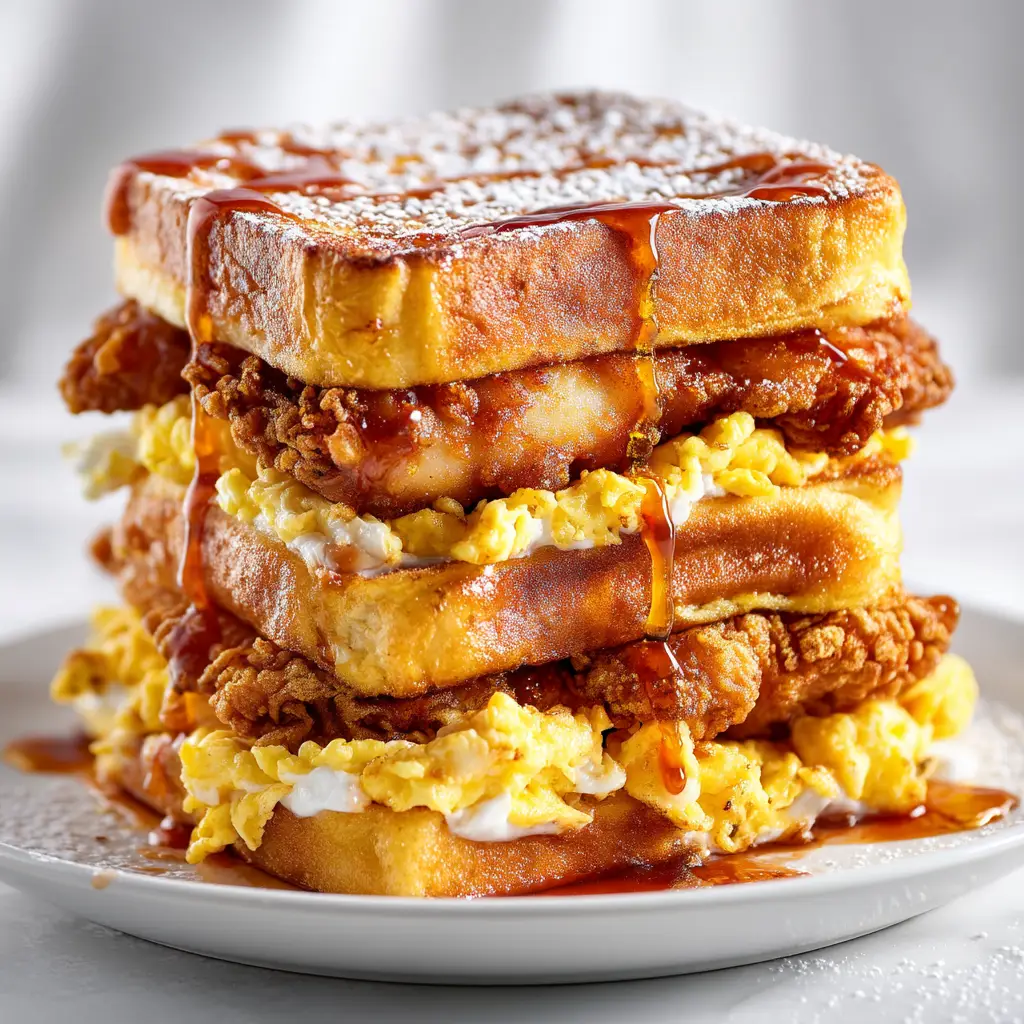 The complete Fried Chicken French Toast Sandwich served on a plate, ready to be eaten, showcasing the final brunch dish.