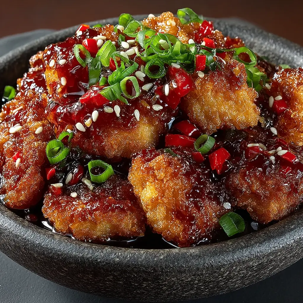 A fork lifting a piece of sweet and spicy chicken, demonstrating the tender inside and crunchy exterior of the bites.