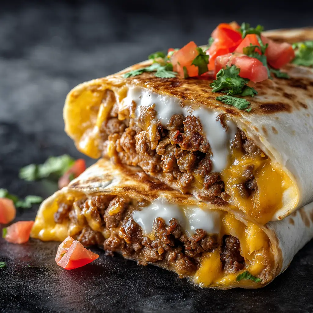 A cross-section view of the Taco Bell Beefy Melt Burrito, showing the layers of seasoned ground beef, nacho cheese, and rice.