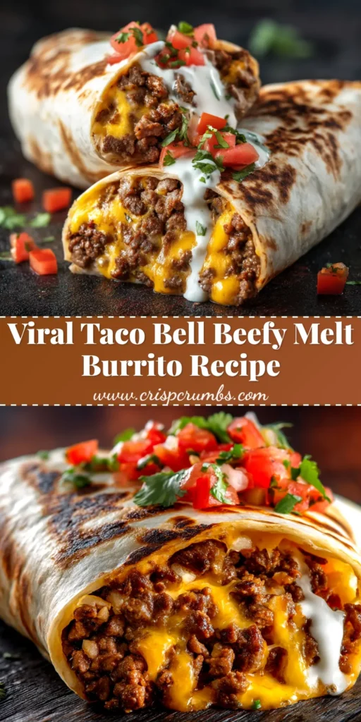 A delicious, homemade Taco Bell Beefy Melt Burrito cut in half to show the layers of seasoned beef, melted cheese, and rice, ready to be pinned.