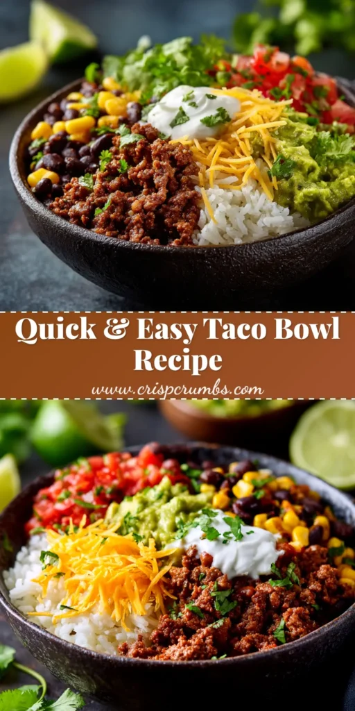 An overhead shot of a vibrant and delicious taco bowl recipe, loaded with seasoned ground beef, fresh lettuce, corn, black beans, and tomatoes, ready to be eaten.