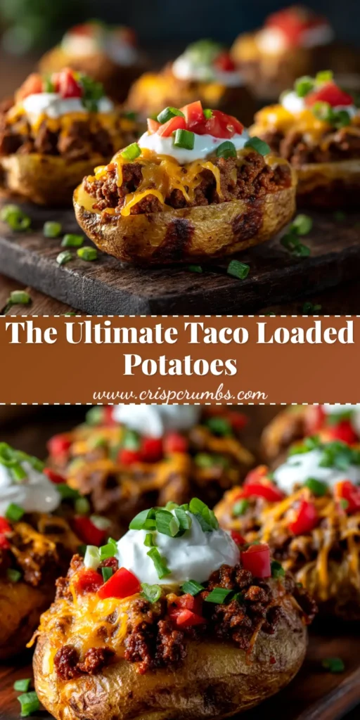 A delicious overhead shot of four Taco Loaded Baked Potatoes on a platter, generously topped with seasoned ground beef, melted cheese, sour cream, and fresh tomatoes. A perfect, easy weeknight dinner recipe.