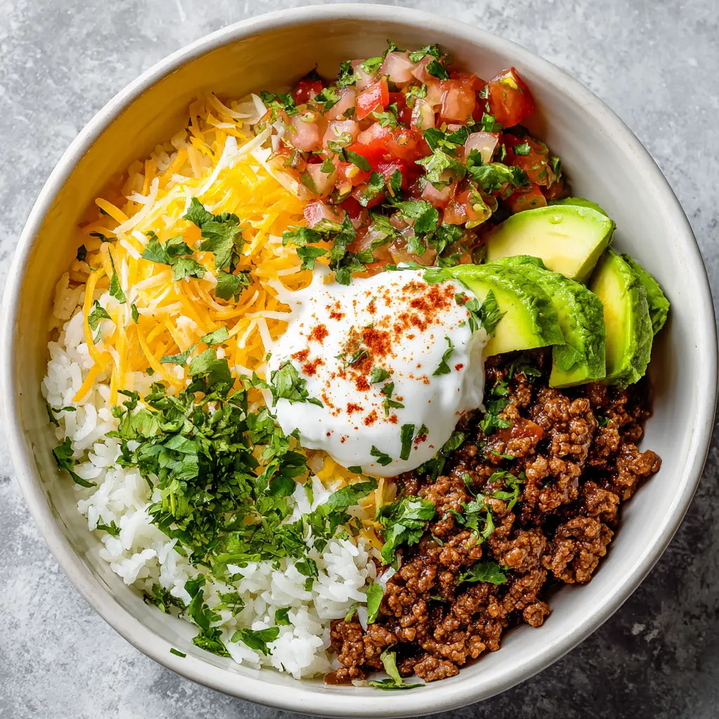 A close-up shot of the components for a taco rice bowl, including the seasoned meat and zesty cilantro lime rice ready for assembly.