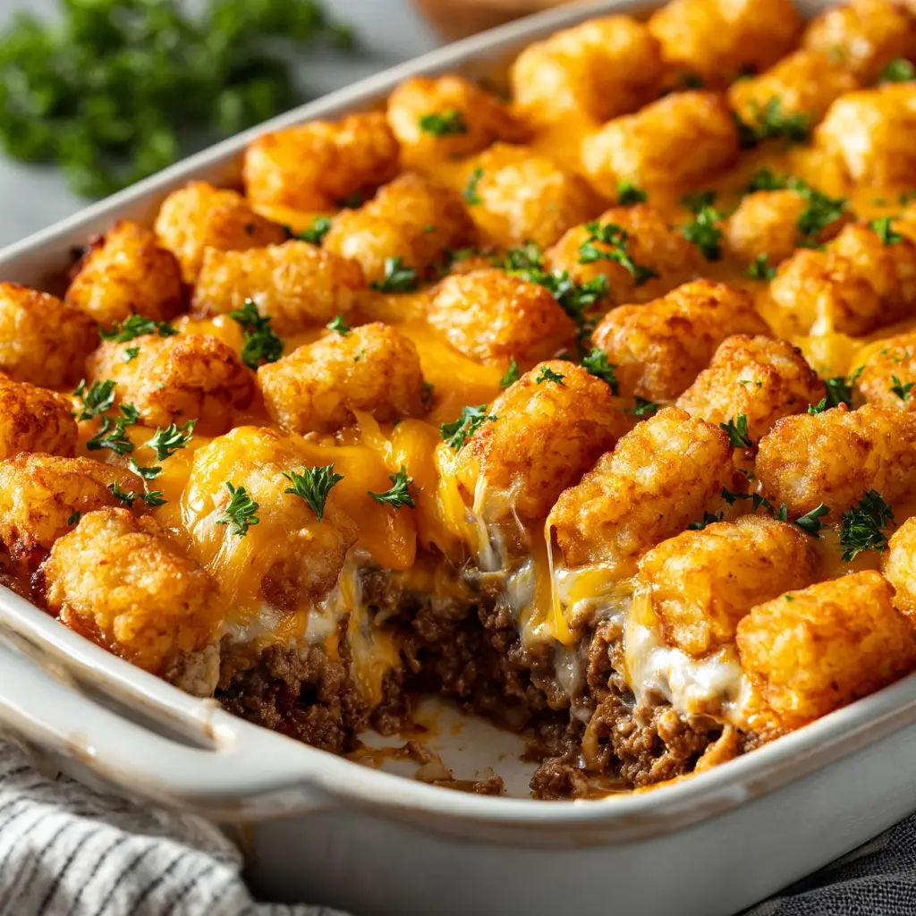 A shot of the uncooked Tater Tot Casserole, with frozen tater tots arranged neatly in a single layer before baking.